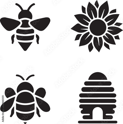 Bee Honeybee Sunflower Beehive Icon Set Vector Silhouette Black Isolated Nature Honey