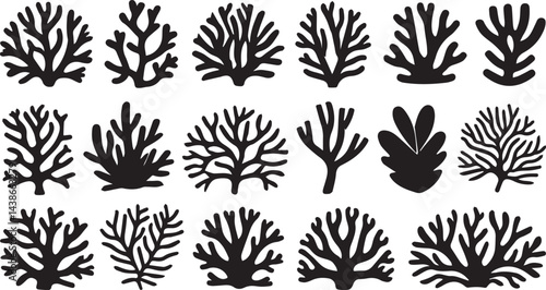 Coral Silhouette Set Vector Marine Sea Life Icons Underwater Reef Black Isolated