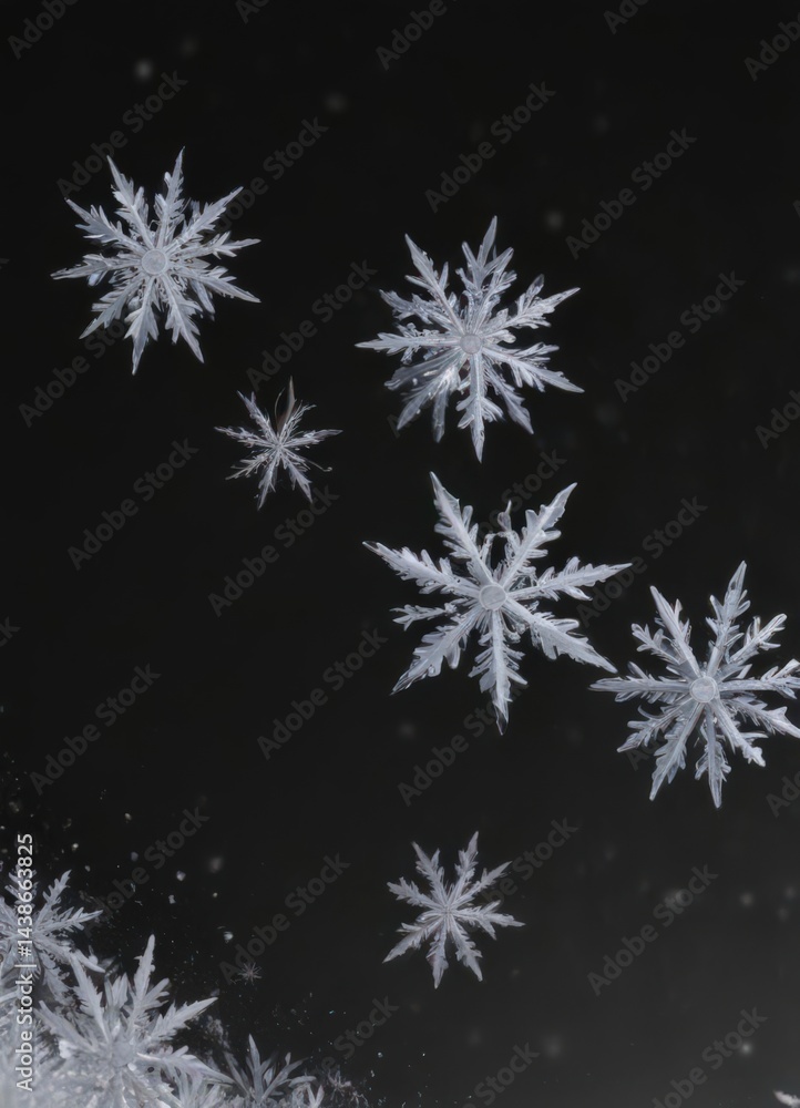 Individual snow crystals gracefully descend on a pitch-black background , wintertime, falling Individual snow crystals gracefully descend on a pitch-black background , wintertime, falling