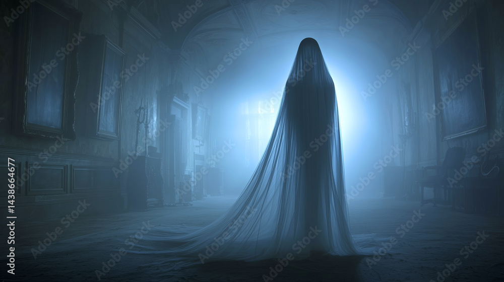 A ghostly figure covered in a sheer veil stands silently in a dimly lit corridor of an ancient structure. The atmospheric mist enhances the haunting ambience as twilight casts shadows A ghostly figure covered in a sheer veil stands silently in a dimly lit corridor of an ancient structure. The atmospheric mist enhances the haunting ambience as twilight casts shadows