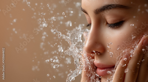skincare ad, woman washing her face, background is a beige color, splash water on her face, water toner, highly detailed