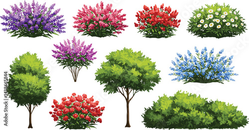 Vector watercolor of blooming tree top view isolated on white background for landscape plan and architecture drawing