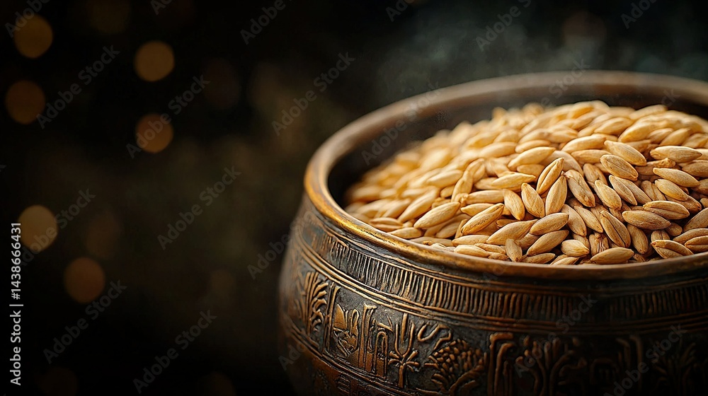 A close-up of a bowl of grain on a dark background with a bokeh of lights in the foreground