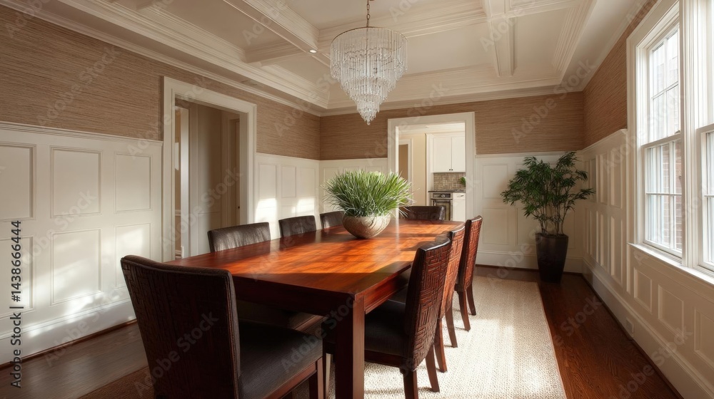 Dining room with a large wooden table in the center. the table is surrounded by six dark brown chairs with a woven seat and backrest. Dining room with a large wooden table in the center. the table is surrounded by six dark brown chairs with a woven seat and backrest.