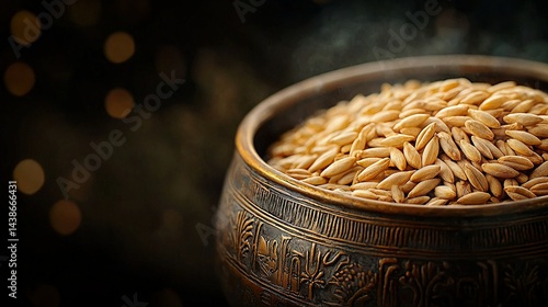 Obraz na płótnie A close-up of a bowl of grain on a dark background with a bokeh of lights in the foreground w salonie