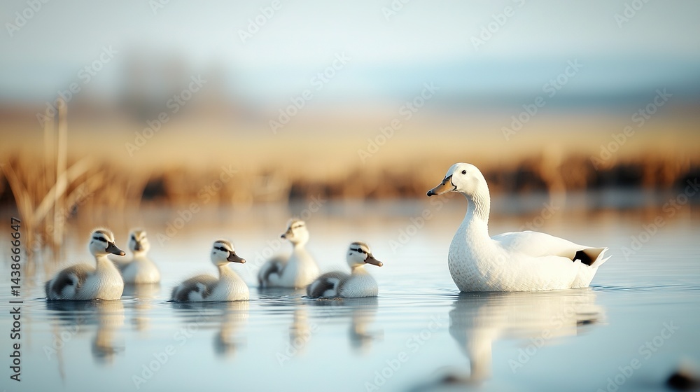 A group of ducks gliding atop a tranquil lake adjacent to a verdant meadow
