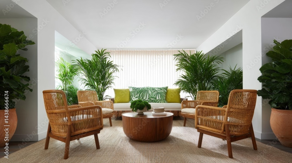 Fototapeta premium Modern living room with a large window on the right side. the window has white blinds and is covered with a white curtain. the room is decorated with large potted plants on both sides of the window.