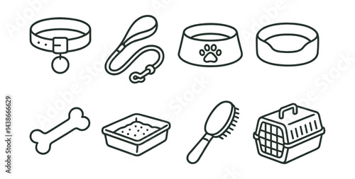 Pet accessories icons set – collar, leash, bowl, bed, bone, litter, brush, carrier