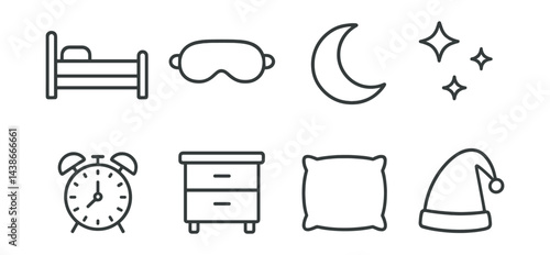 Sleep essentials icons set – bed, mask, moon, stars, clock, nightstand, pillow, cap