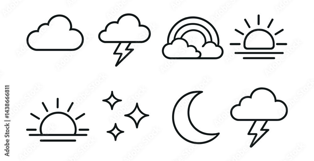 Weather icons set – clouds, sun, moon, stars, thunder, rainbow Weather icons set – clouds, sun, moon, stars, thunder, rainbow