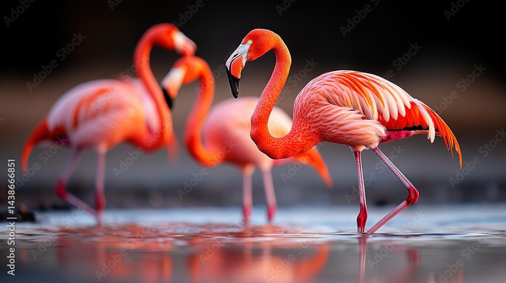 A Pink Flamingo Group On Water In Front Of Black Background