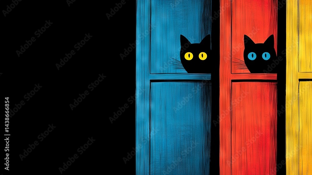 Two black cats peek from a multicolored door with yellow eyes