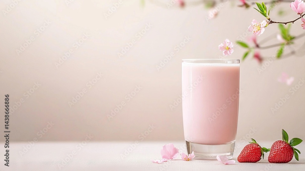 A glass of milk with two strawberries rests nearby a blooming tree branch on the table