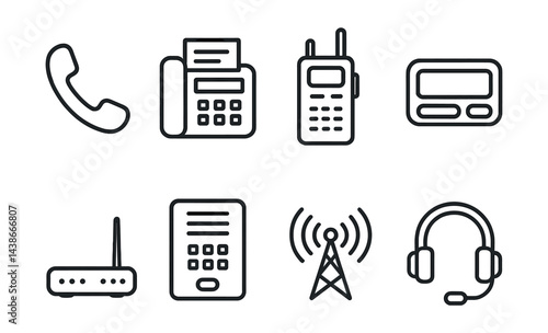 Communication device icons set – phone, fax, radio, pager, router, intercom, antenna, headset