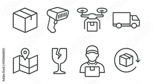 Delivery process icons set – package, scanner, drone, truck, map, fragile, courier, return