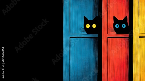 Obraz na płótnie Two black cats peek from a multicolored door with yellow eyes w salonie