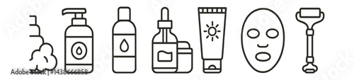 Skincare routine icons set – foam, cleanser, serum, cream, sunscreen, mask, roller