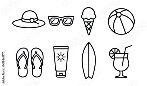 Summer holiday icon set – hat, sunglasses, ice cream, beach ball, flip flops, sunscreen, surfboard, cocktail