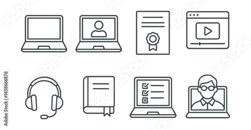 Online learning essentials icons set – laptop, certificate, video, headset, book, checklist