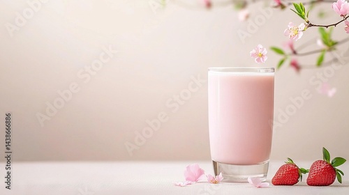   A glass of milk with two strawberries rests nearby a blooming tree branch on the table