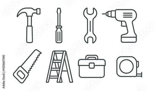 Essential construction tools icons set – hammer, screwdriver, wrench, drill, saw, ladder, toolbox, tape measure