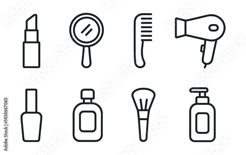 Beauty product icons set – lipstick, mirror, comb, hairdryer, nail polish