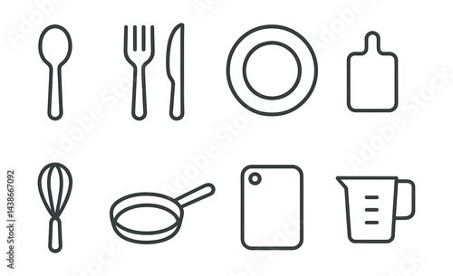 Kitchen utensil icons set – spoon, fork, knife, plate, cutting board, whisk, pan, measuring cup