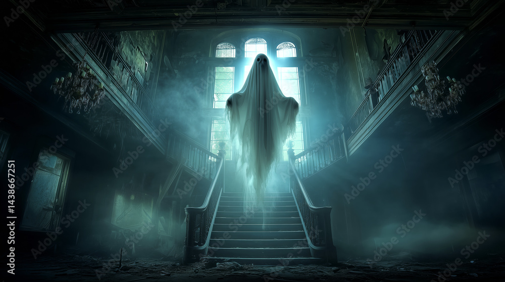 A translucent ghostly figure hovers above a magnificent staircase in a derelict mansion. Dim light filters through large windows, casting an unsettling glow on the dusty surroundings A translucent ghostly figure hovers above a magnificent staircase in a derelict mansion. Dim light filters through large windows, casting an unsettling glow on the dusty surroundings