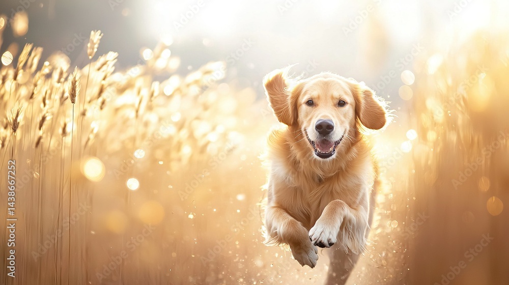 A golden retriever sprinting through a sea of towering blades with sunlight beaming onto its visage