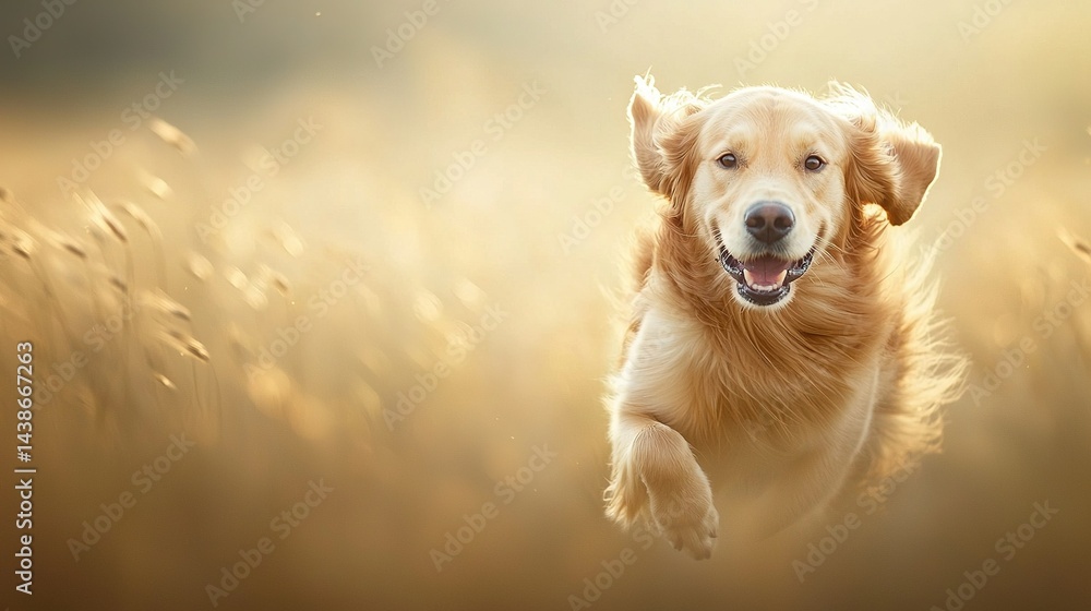 A golden retriever dog runs through a field of tall grass, its mouth open and tongue out