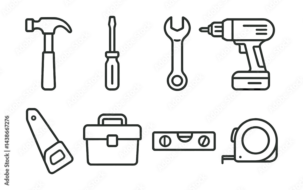 Linear construction tools set – hammer, screwdriver, wrench, drill, saw, toolbox Linear construction tools set – hammer, screwdriver, wrench, drill, saw, toolbox