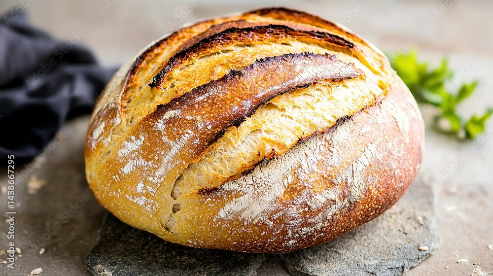 A loaf of bread resting atop a stone slab with a sprig of lettuce nearby