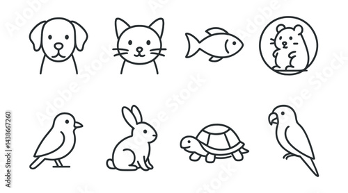 Linear pet icons set – dog, cat, fish, hamster, bird, rabbit, turtle, parrot