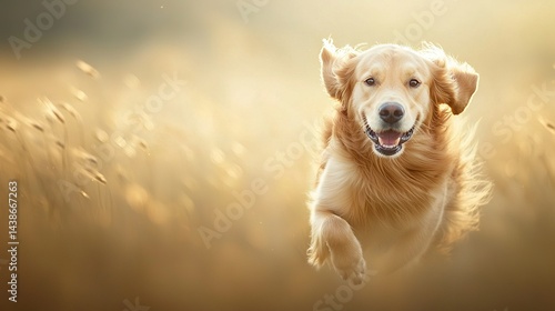 Obraz na płótnie A golden retriever dog runs through a field of tall grass, its mouth open and tongue out w salonie