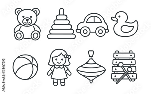 Children's toy icons set – bear, stacking rings, car, duck, ball, doll, spinning top, xylophone