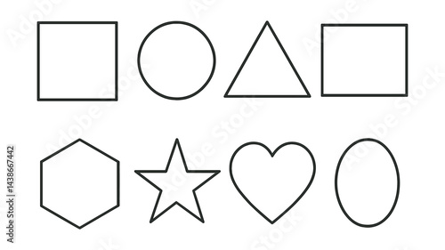 Linear geometric icon set – circle, triangle, square, rectangle, star, heart, pentagon, oval