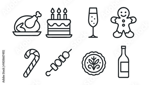 Festive food and drink icons set – roast, cake, champaign, gingerbread, candy cane, skewer, pie, wine