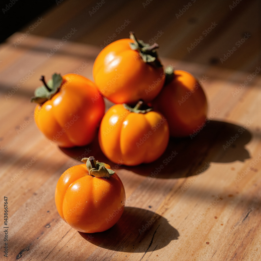 Ripe Persimmons on Rustic Wood: A Warm, Serene Display of Autumn Freshness Ripe Persimmons on Rustic Wood: A Warm, Serene Display of Autumn Freshness