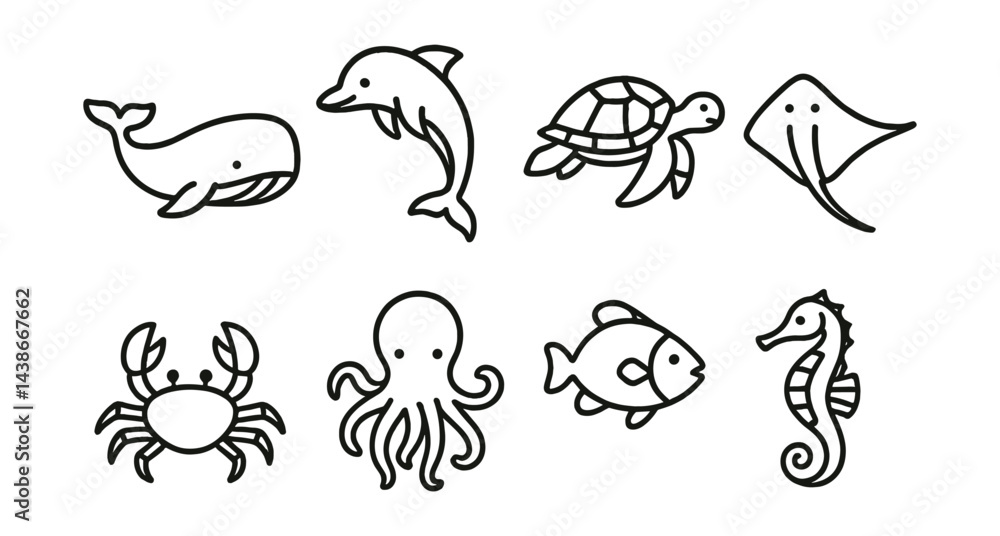 Aquatic theme icon set – whale, dolphin, turtle, ray, crab, octopus, fish, seahorse Aquatic theme icon set – whale, dolphin, turtle, ray, crab, octopus, fish, seahorse