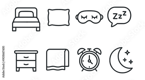 Sleep essentials icons set – bed, pillow, mask, clock, moon, blanket, nightstand