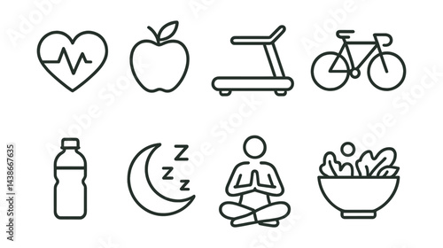 Healthy lifestyle icon set – heartbeat, apple, treadmill, bicycle, water, sleep, meditation, salad