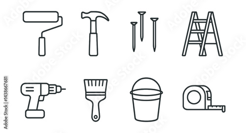 Home renovation toolkit icons set – roller, hammer, nails, ladder, drill, brush, bucket, tape
