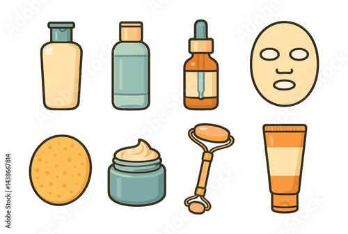 Colorful skincare essentials icons set – bottle, serum, mask, sponge