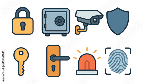 Colorful security icons set – lock, safe, camera, shield, key, handle, alarm, fingerprint