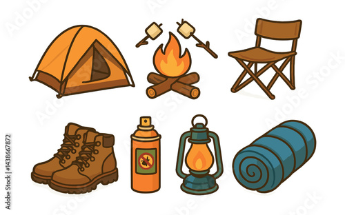 Camping essentials icons set – tent, campfire, marshmallows, boots, lantern, sleeping bag
