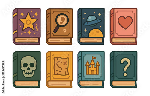 Colorful book genre icons set – fantasy, mystery, sci-fi, romance, horror, adventure