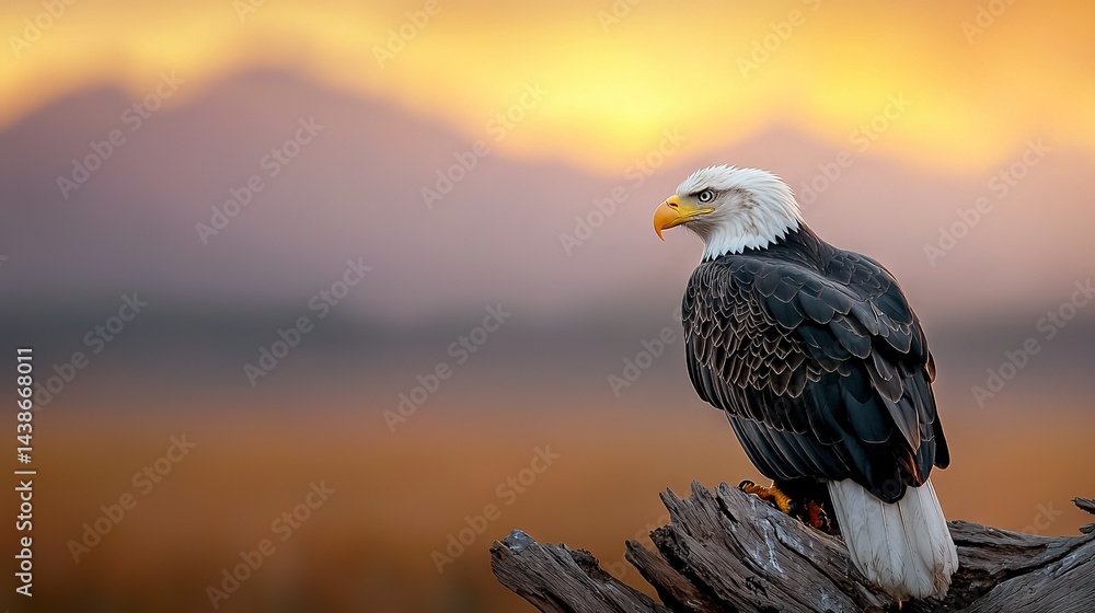 Fototapeta premium Bald Eagle on Dead Tree Branch at Sunset with Mountains