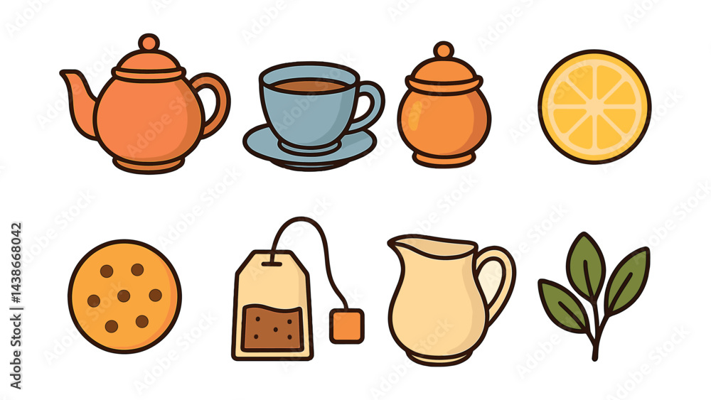 Tea time icons set – teapot, cup, sugar bowl, lemon, biscuit, teabag, milk jug, leaves Tea time icons set – teapot, cup, sugar bowl, lemon, biscuit, teabag, milk jug, leaves