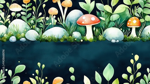   A painting of a group of mushrooms surrounded by grass and leaves