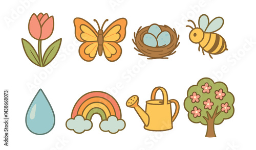Spring delight icons set – bloom, butterfly, nest, bee, raindrop, rainbow, watering can, tree